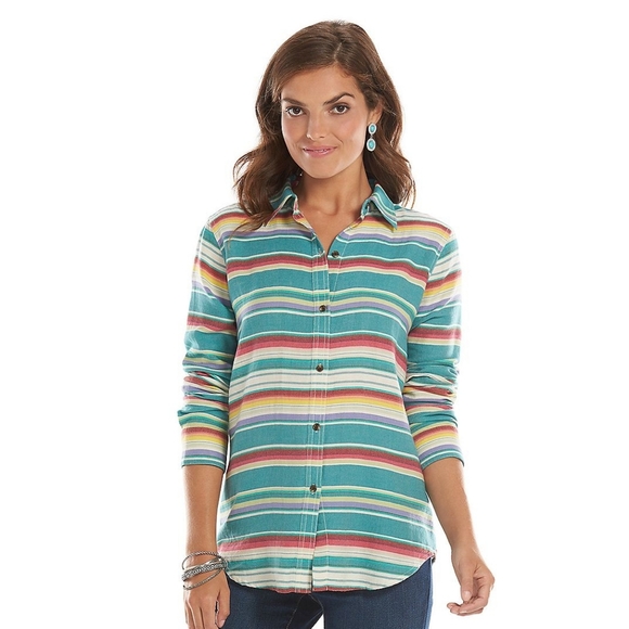 🍎2 Items/$12 Chaps denim Montana scrape multi striped long sleeve shirt large - Picture 2 of 8